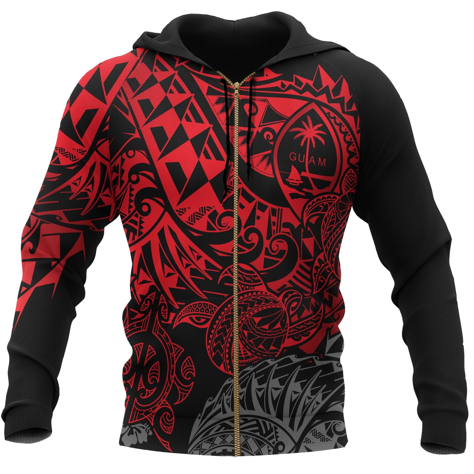 Guam Polynesian Zip up Hoodie Red Turtle Flowing Unisex Red - Polynesian Pride