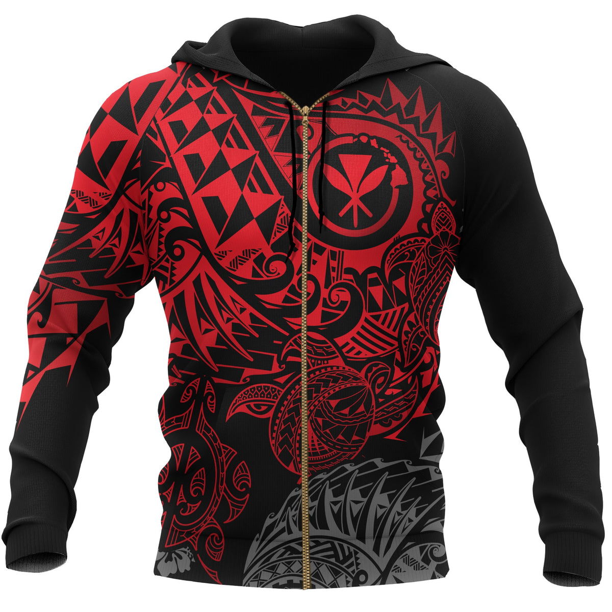 Polynesian Hawaii (Kanaka Maoli) Zip up Hoodie Red Turtle Hibiscus Flowing Unisex RED - Polynesian Pride