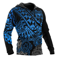 Guam Polynesian Hoodie Blue Turtle Flowing - Polynesian Pride