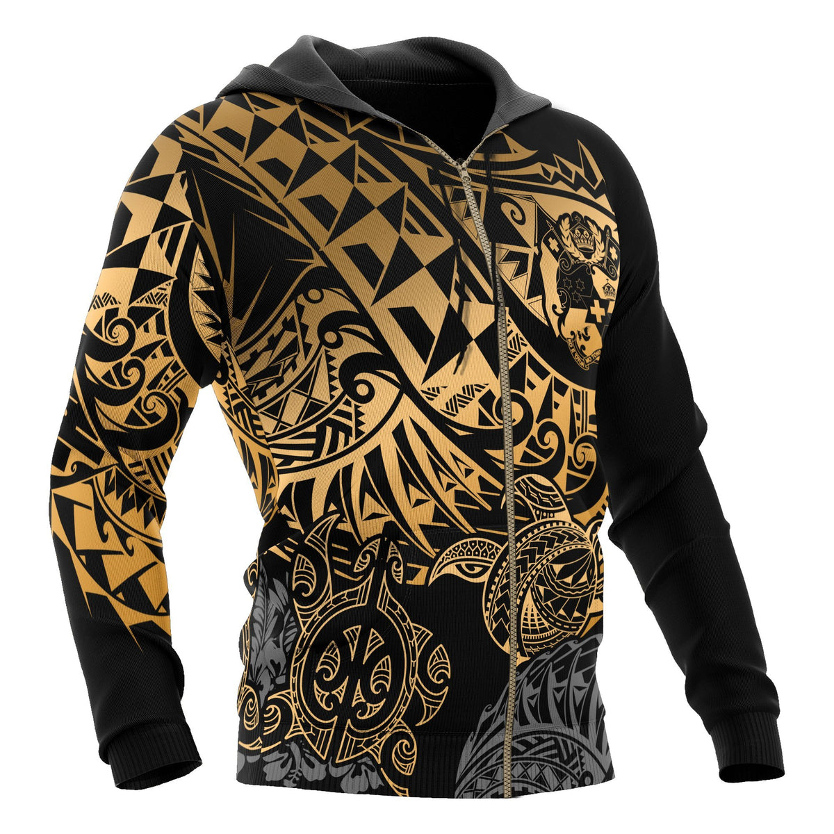 Tonga Polynesian Zip up Hoodie Gold Turtle Flowing - Polynesian Pride
