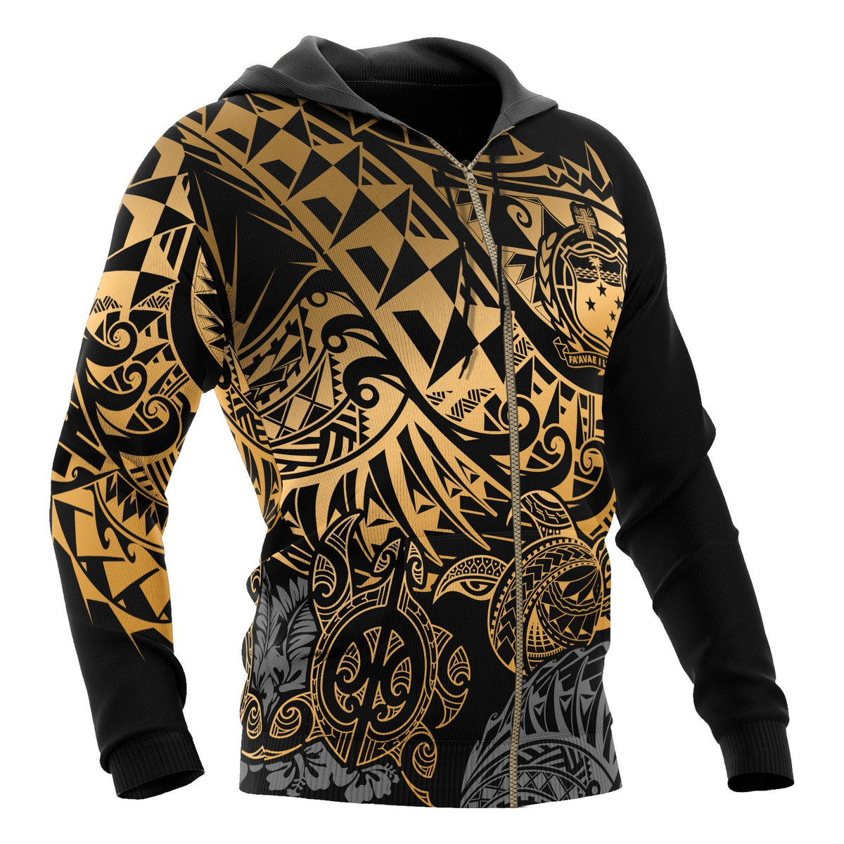 Samoa Polynesian Zip up Hoodie Gold Turtle Flowing - Polynesian Pride