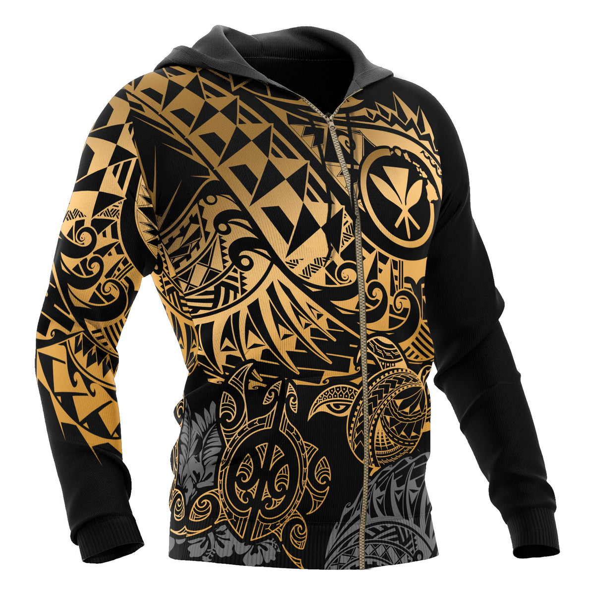 Polynesian Hawaii (Kanaka Maoli) Zip up Hoodie Gold Turtle Hibiscus Flowing - Polynesian Pride
