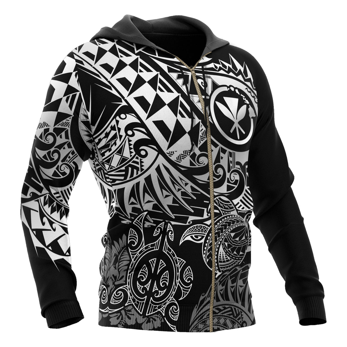 Polynesian Hawaii (Kanaka Maoli) Zip up Hoodie Black Turtle Hibiscus Flowing - Polynesian Pride