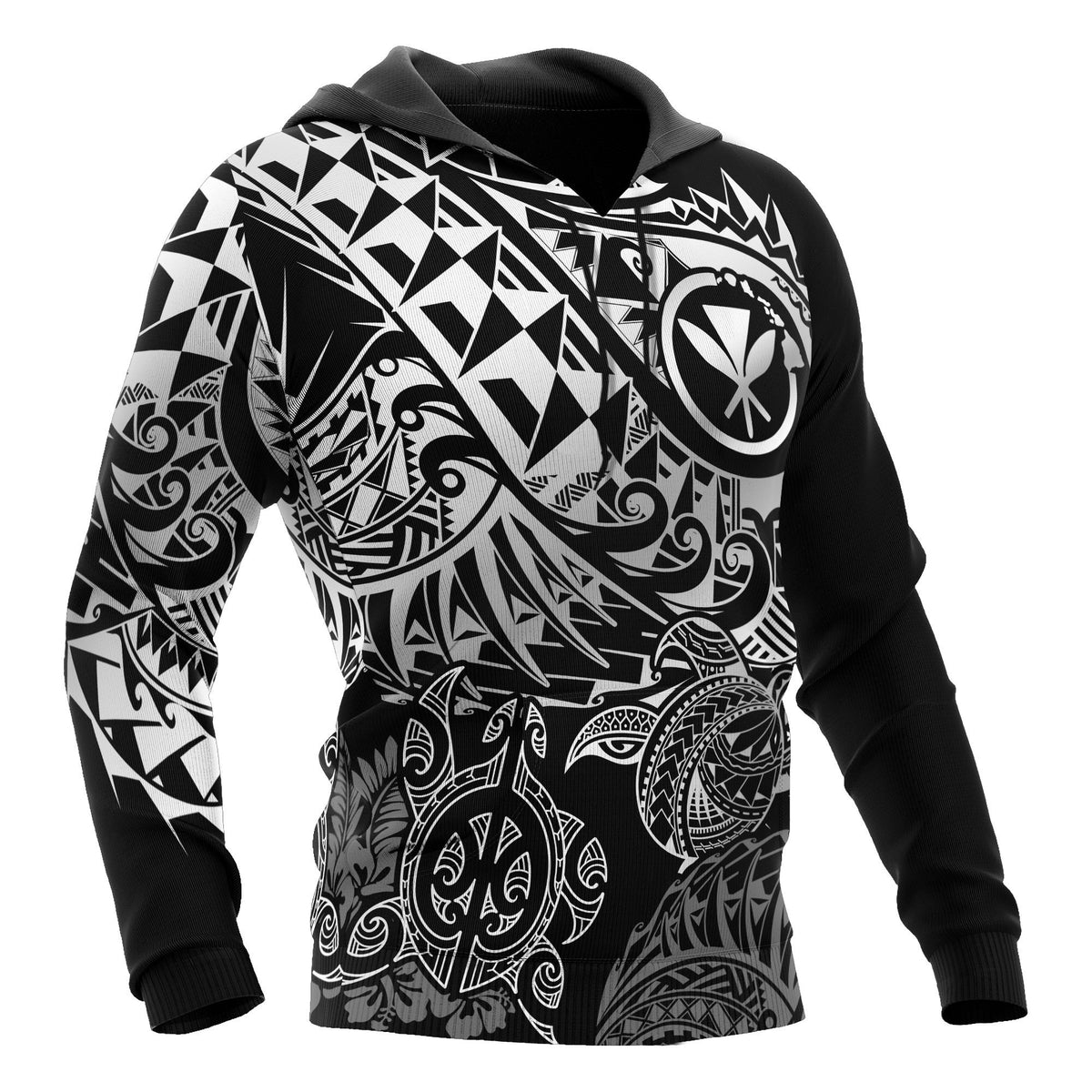 Polynesian Hawaii (Kanaka Maoli) Hoodie Black Turtle Hibiscus Flowing - Polynesian Pride