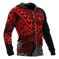 Polynesian Hawaii (Kanaka Maoli) Zip up Hoodie Red Turtle Hibiscus Flowing - Polynesian Pride