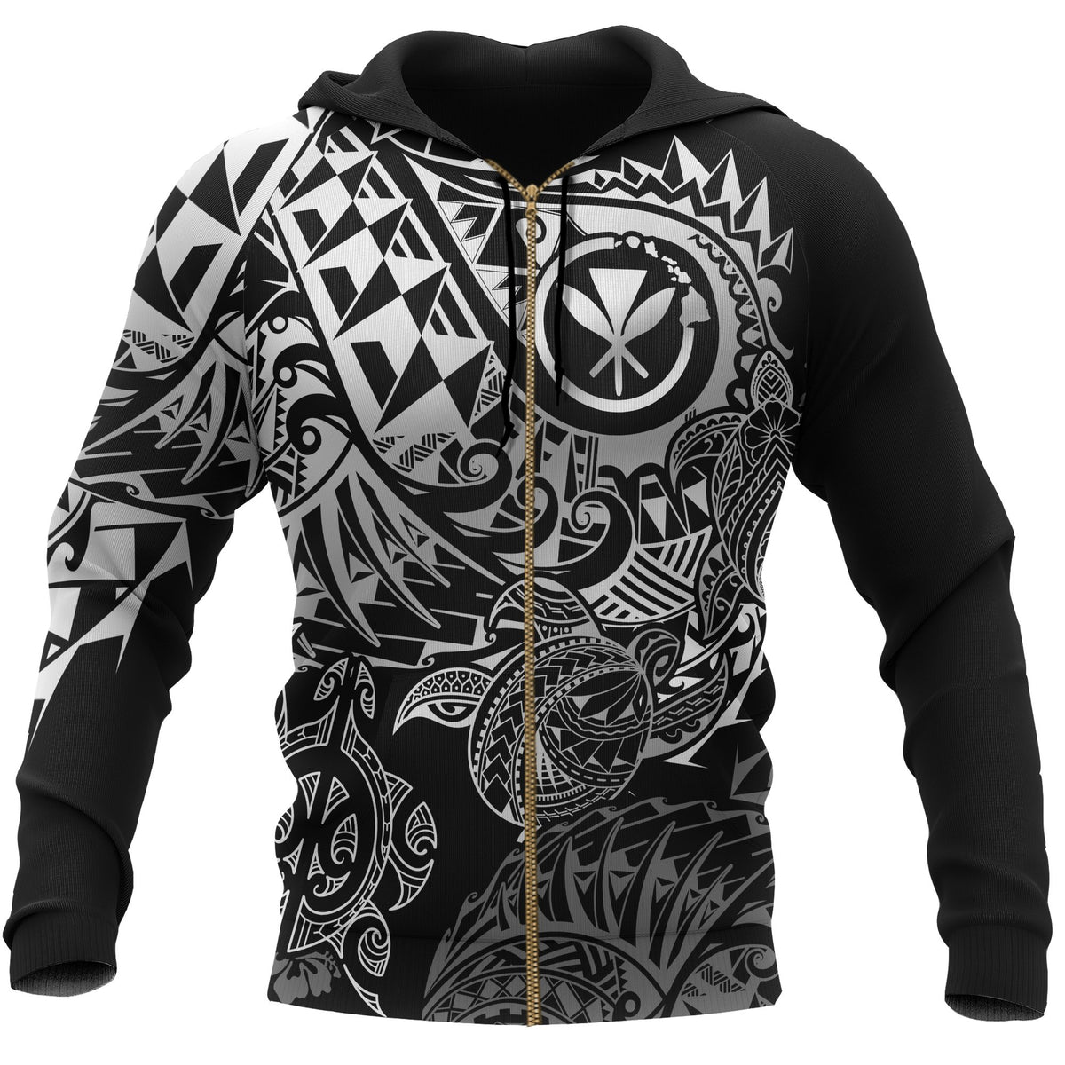 Polynesian Hawaii (Kanaka Maoli) Zip up Hoodie Black Turtle Hibiscus Flowing Unisex BLACK - Polynesian Pride