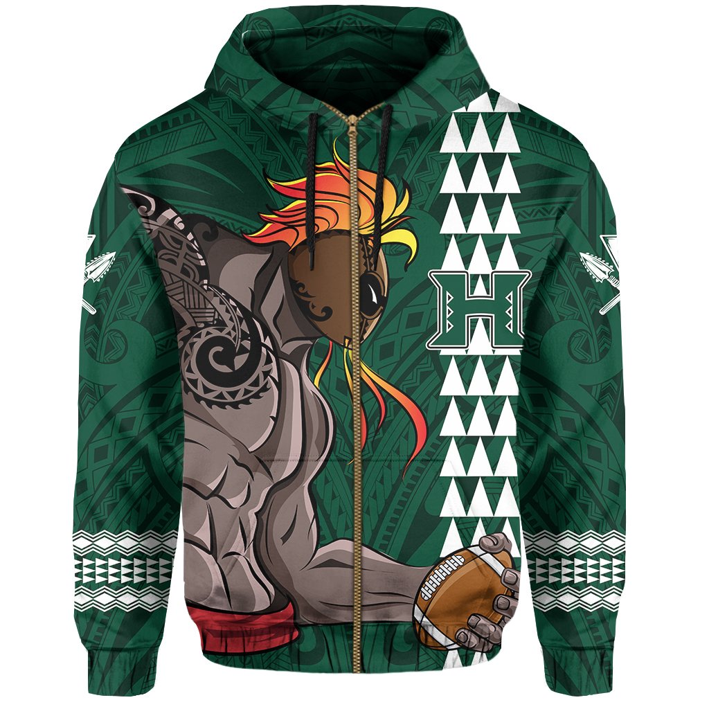 Polynesian Warrior Helmet Football Kanaka Kakau Hawaii Zip Hoodie Green - Polynesian Pride