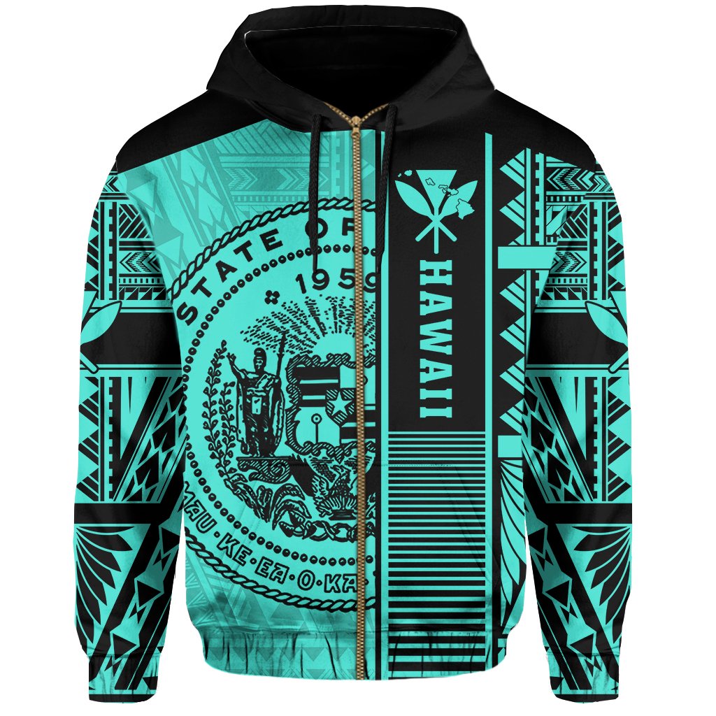 Polynesian Seal of Hawaii Zip Hoodie Turquoise NRP Style - Polynesian Pride