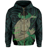 Polynesian Hula Man Helmet Hawaii Zip Hoodie Turquoise - Polynesian Pride