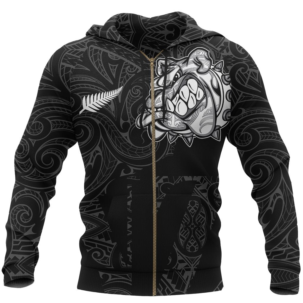 New Zealand Bulldog Zip Hoodie, Maori Bulldog Full Zip Hoodie Black Unisex Black - Polynesian Pride