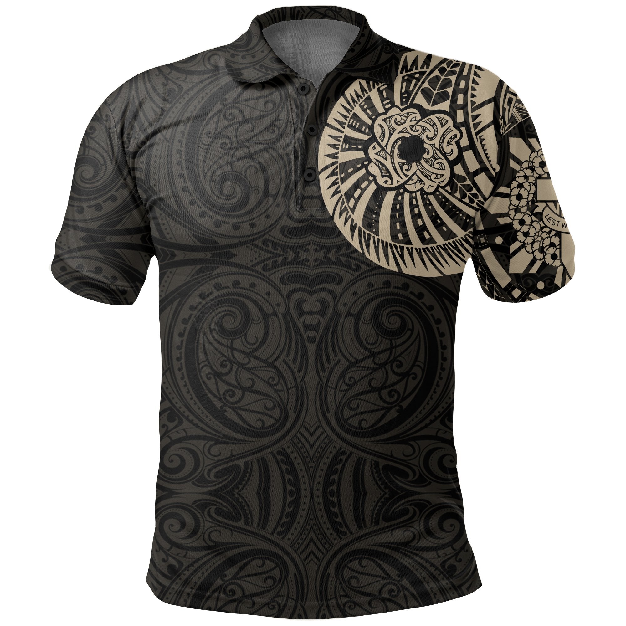 ANZAC New Zealand Polo Shirt, Maori Poppies Tattoo Golf Shirts Tan Unisex Black - Polynesian Pride