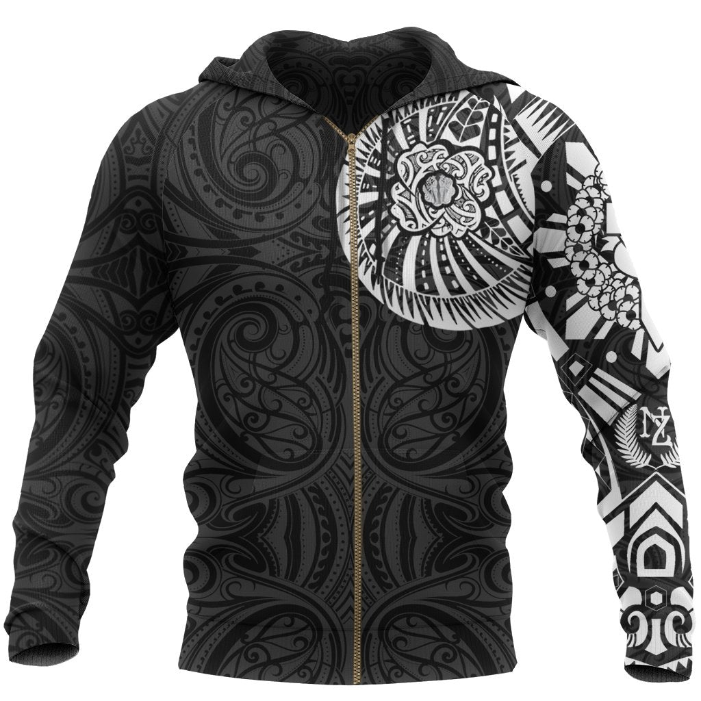 ANZAC New Zealand Zip Hoodie, Maori Poppies Tattoo Full Zip Hoodie White Unisex Black - Polynesian Pride