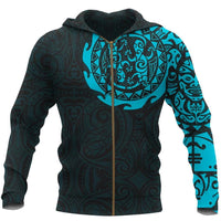 Maori Tangaroa Tattoo New Zealand Zip Hoodie Blue Unisex Black - Polynesian Pride