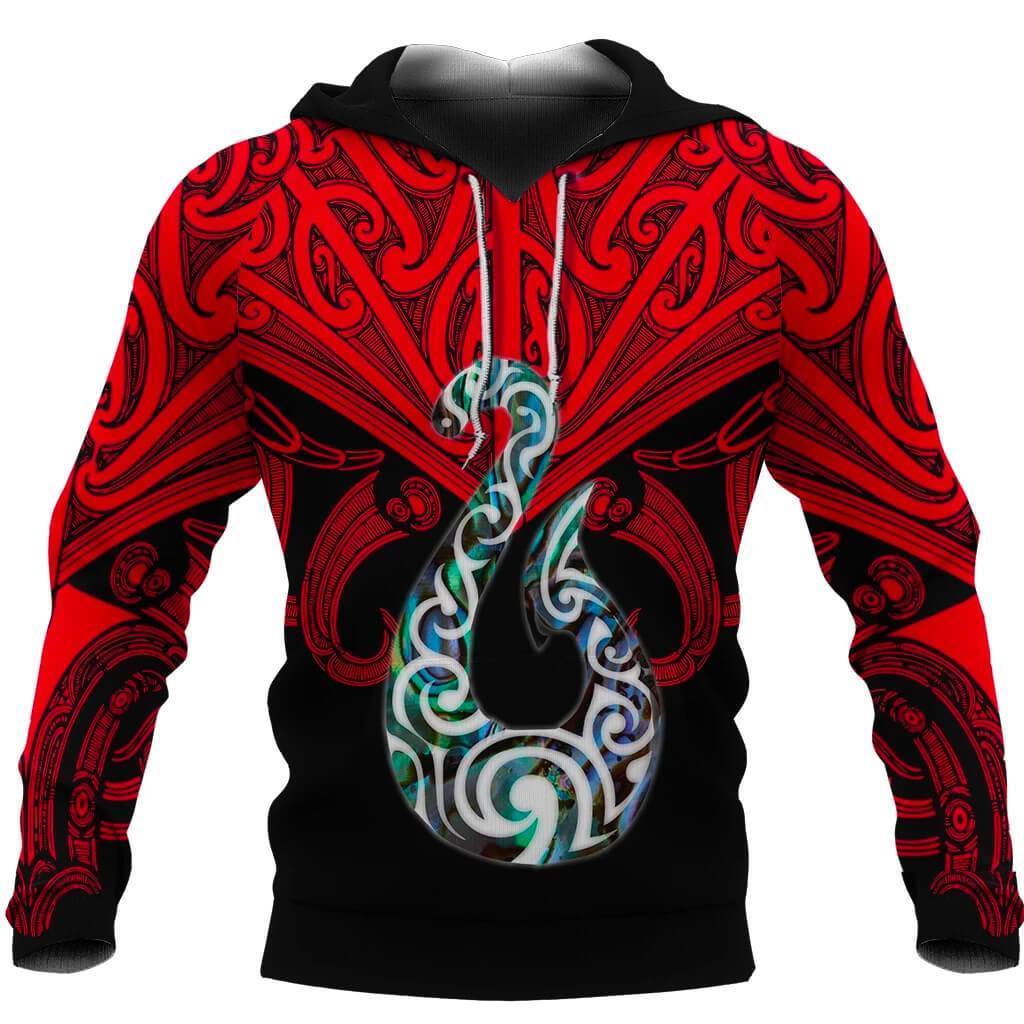 Maori Tattoo Hoodie Hei Matau Abalone Red Unisex Red - Polynesian Pride