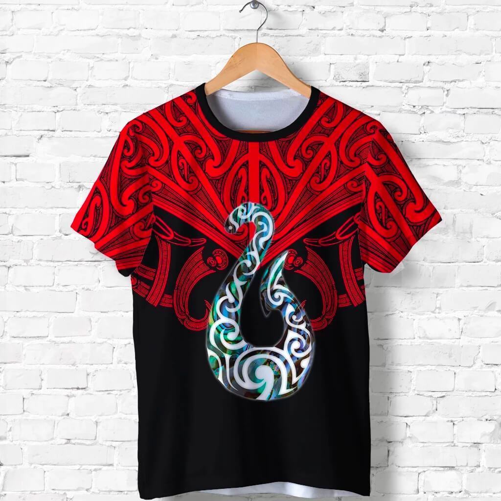 Maori Tattoo Shirt, Hei Matau Paua Red T Shirt Unisex Black - Polynesian Pride