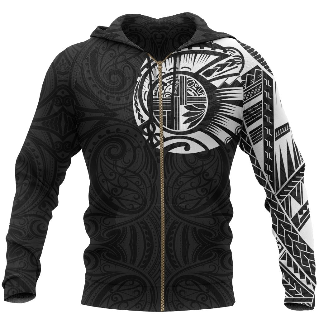 Maori Hoodie, New Zealand Tattoo Zip up Hoodie Unisex Black - Polynesian Pride