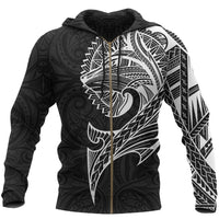 New Zealand Maori Zip Hoodie, Wolf Tattoo Full Zip Hoodie Unisex Black - Polynesian Pride