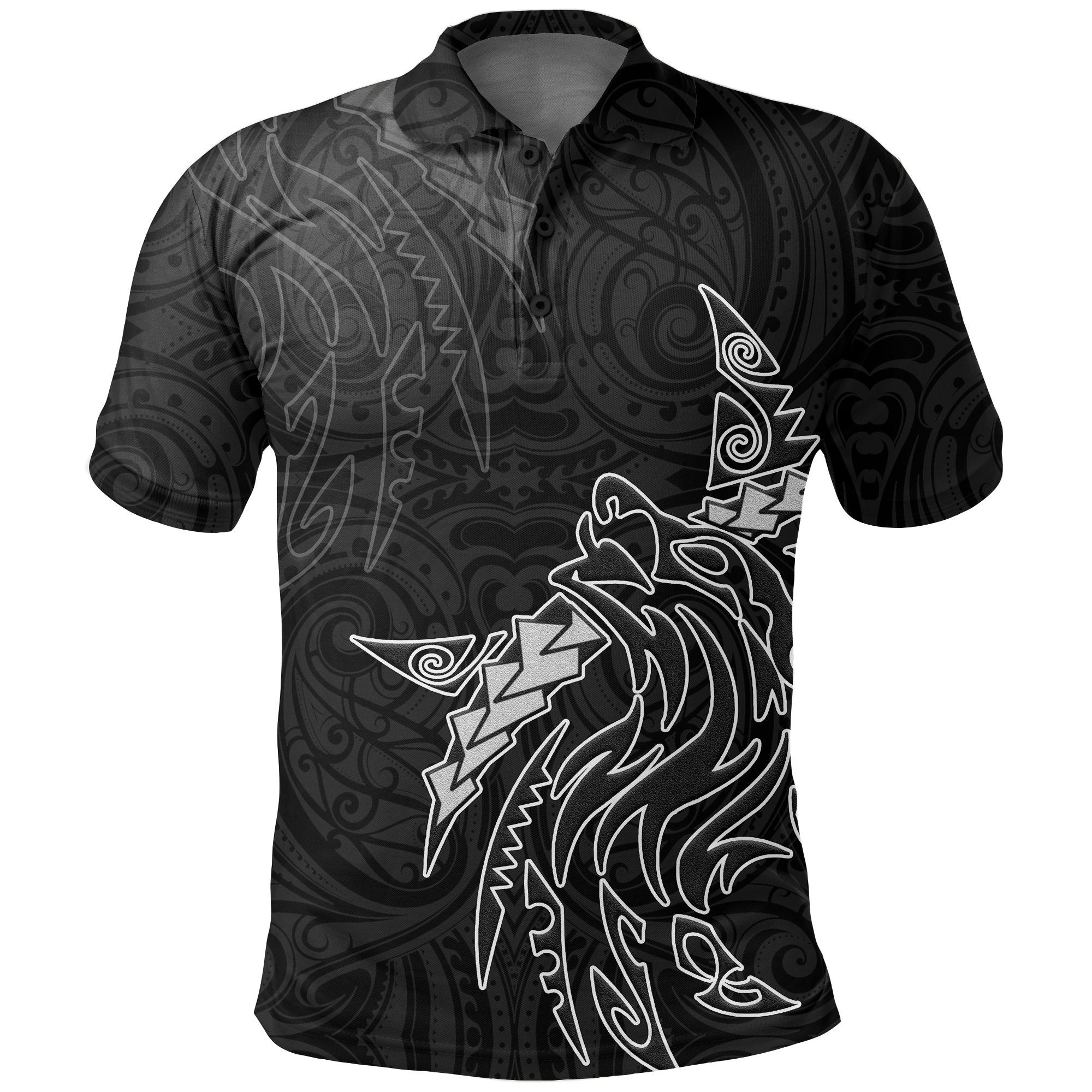 New Zealand Maori Polo Shirt, Maori Wolf Tattoo Golf Shirts Unisex Black - Polynesian Pride