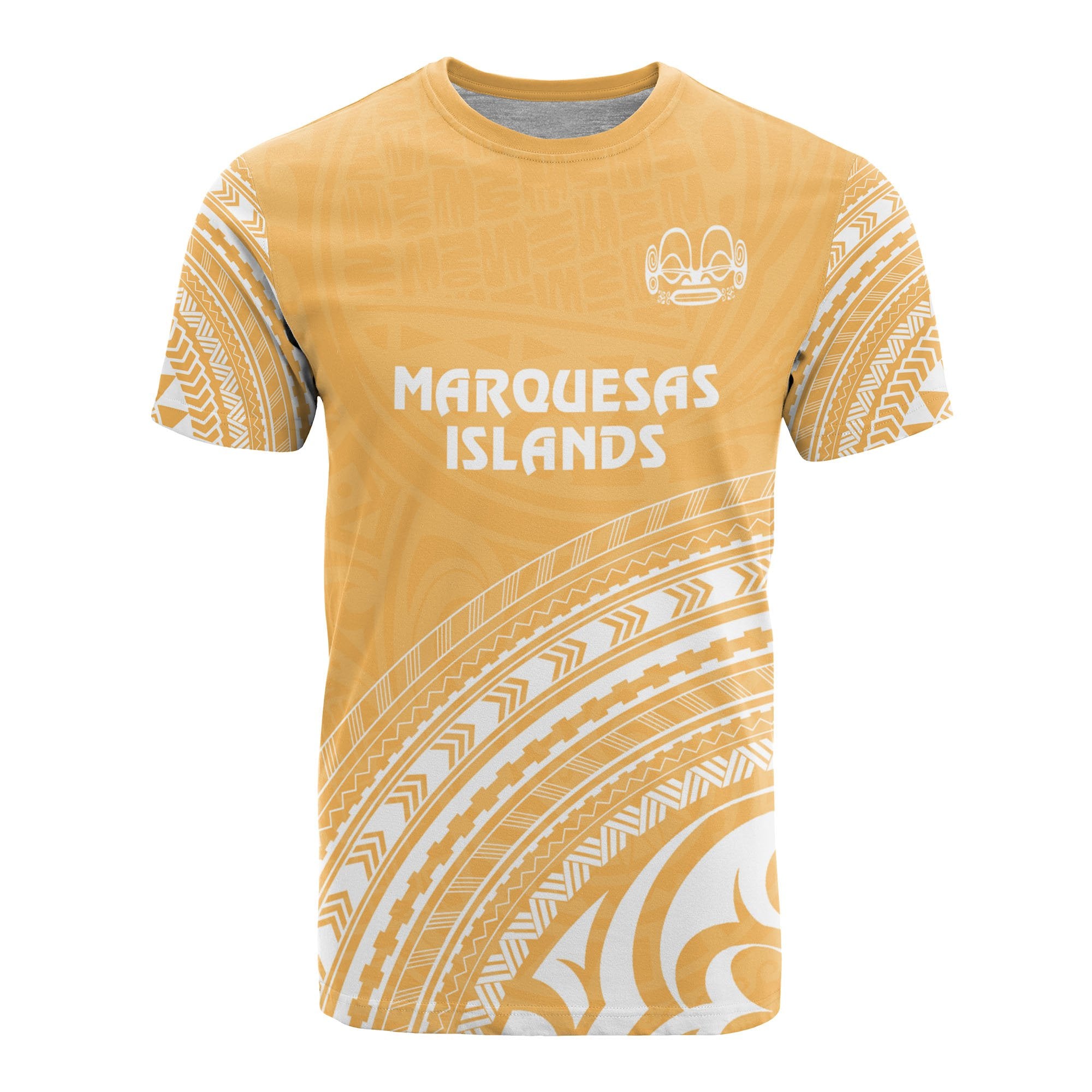 Marquesas Islands All Over T Shirt Marquesas Islands Tiki Face Polynesian Tribal Gold Version Unisex Yellow - Polynesian Pride