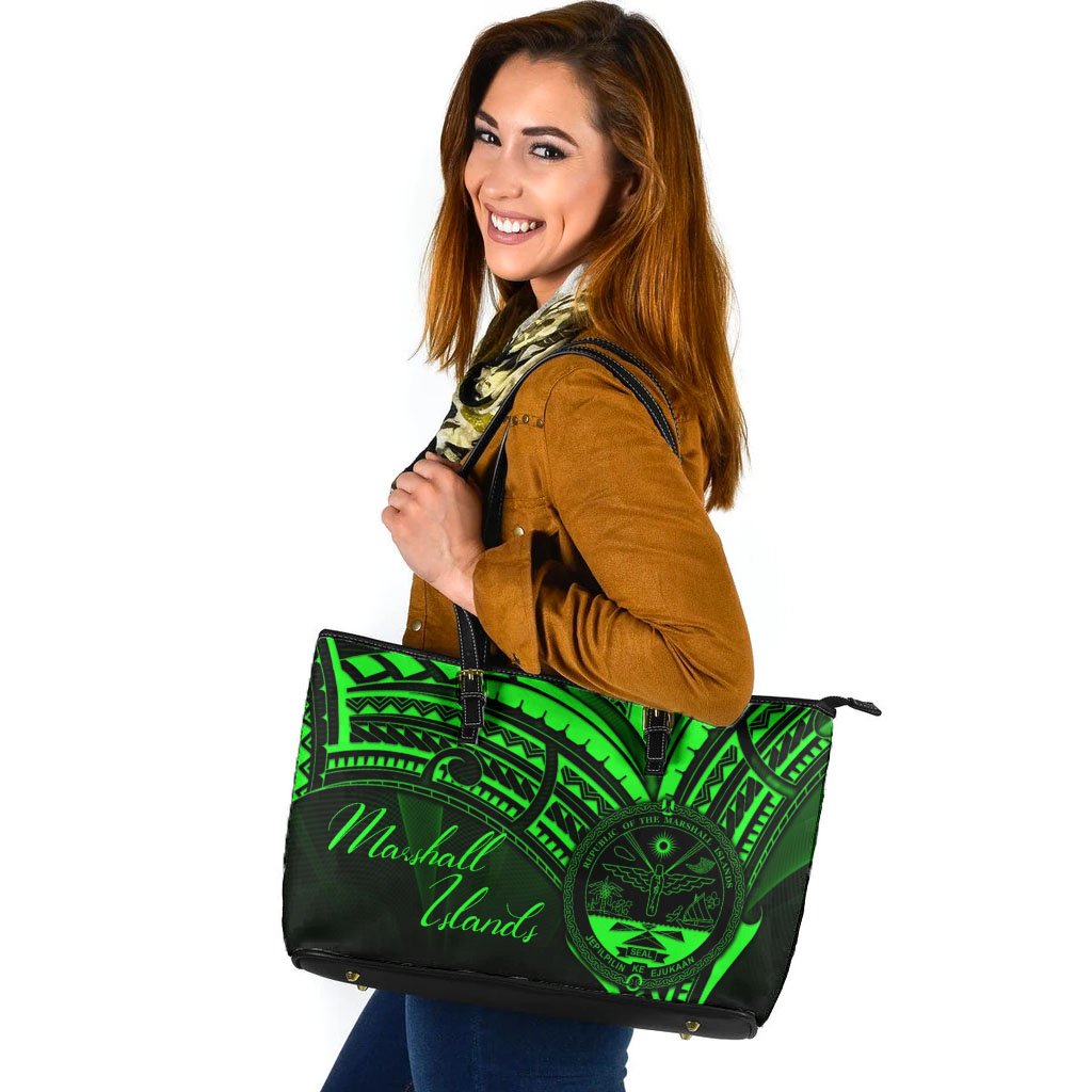 Marshall Islands Leather Tote - Green Color Cross Style Black - Polynesian Pride