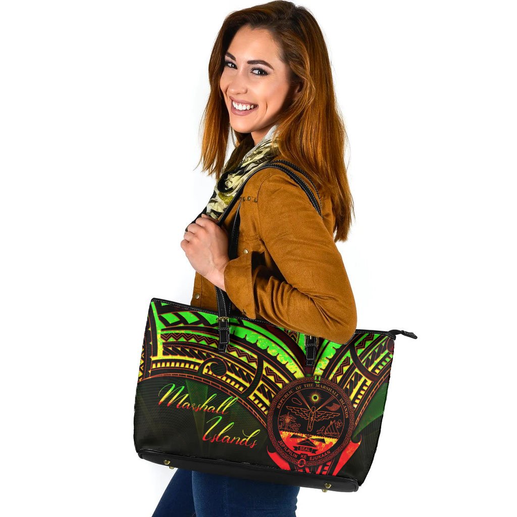 Marshall Islands Leather Tote - Reggae Color Cross Style Black - Polynesian Pride