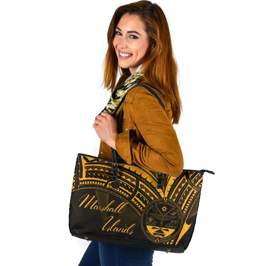 Marshall Islands Leather Tote - Gold Color Cross Style Black - Polynesian Pride