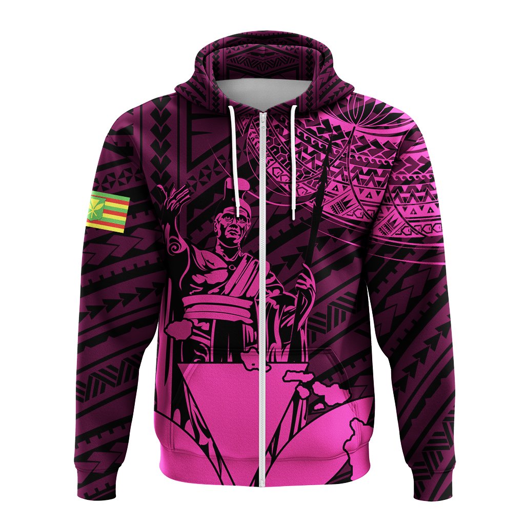 Hawaiian King Kanaka Map Polynesian Maui Hoodie Zip Pink Hala Style - Polynesian Pride