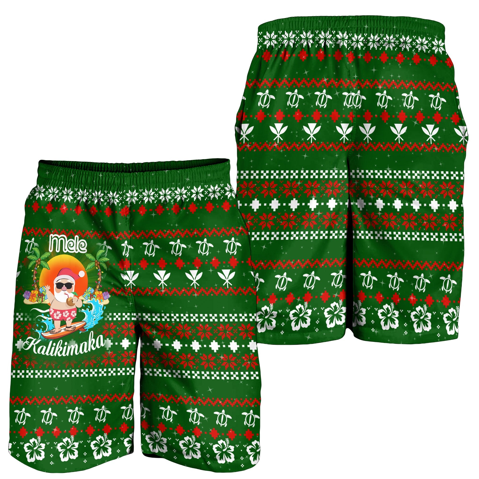 Hawaiian Santa Claus Mele Kalikimaka Men's Shorts - Aviv Style - Green - AH Green - Polynesian Pride
