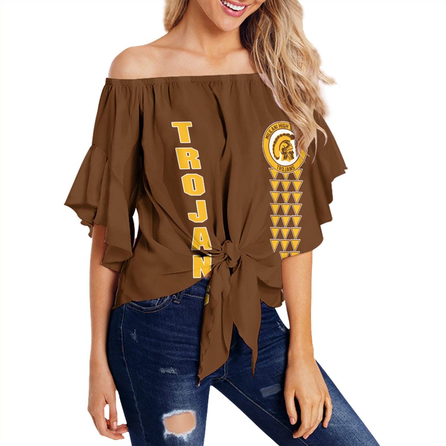 (Personalised) Hawaii - Mililani High Custom Your Class Off Shoulder Waist Wrap Top AH Female Gold - Polynesian Pride