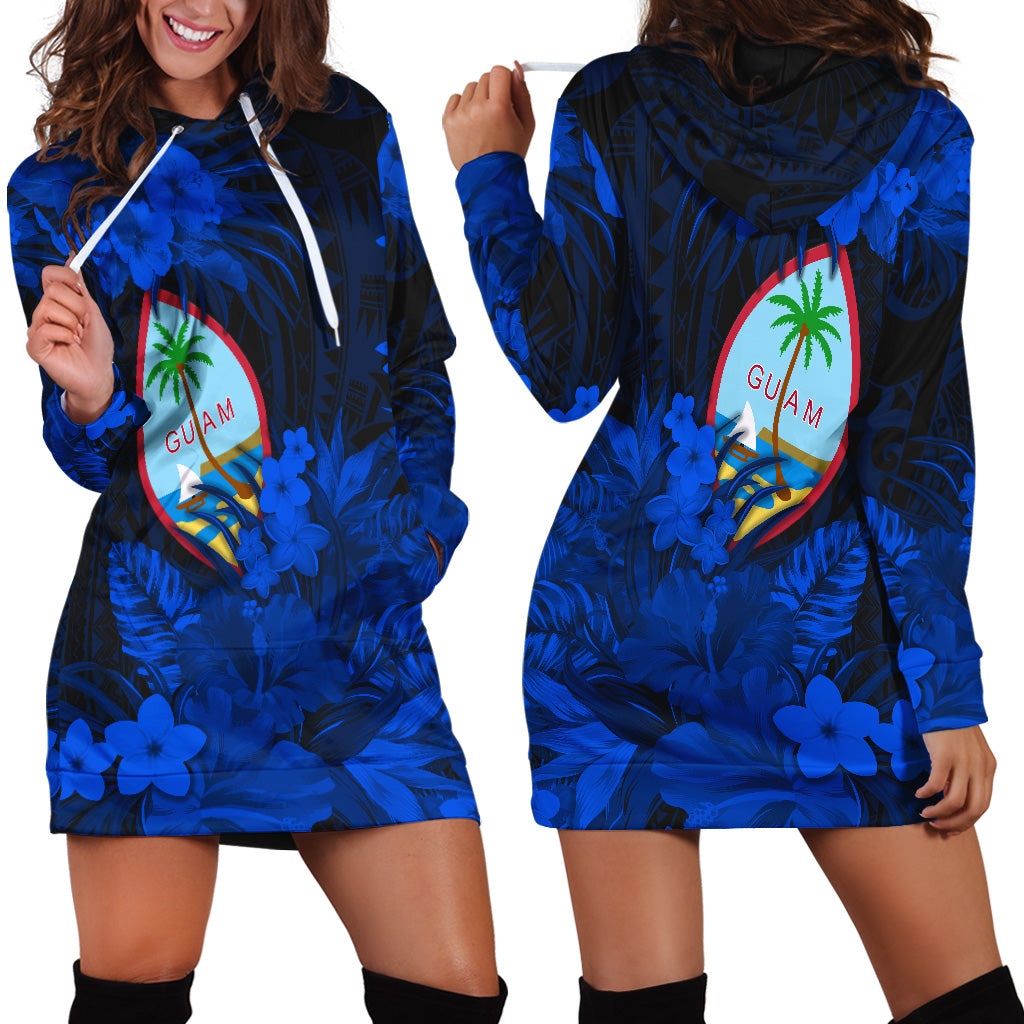 Guam Polynesian Hoodie Dress Tropical Flowers - Blue LT8 - Polynesian Pride