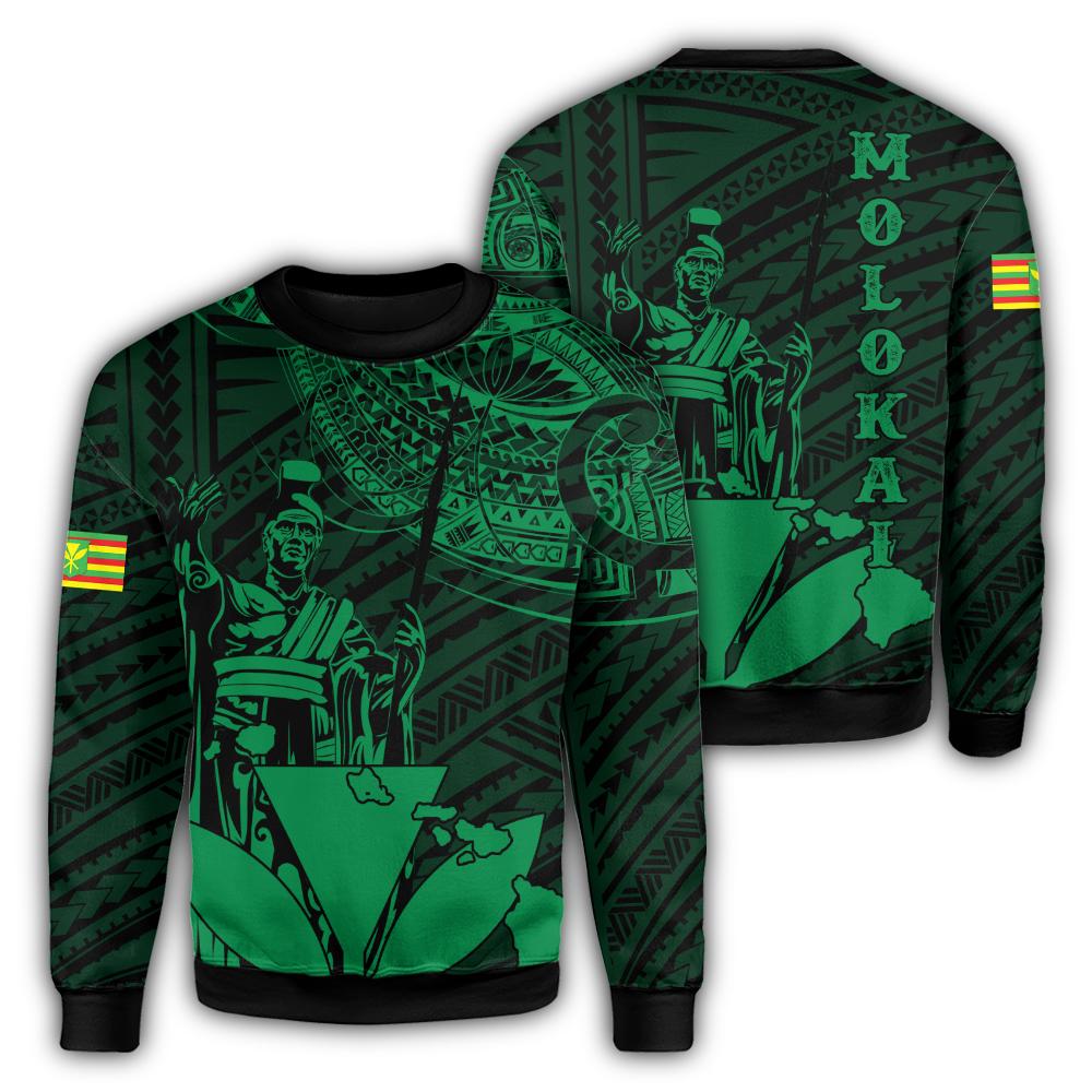 Hawaiian King Kanaka Map Polynesian Molokai Sweatshirt - Green - Hala Style - AH Unisex Green - Polynesian Pride