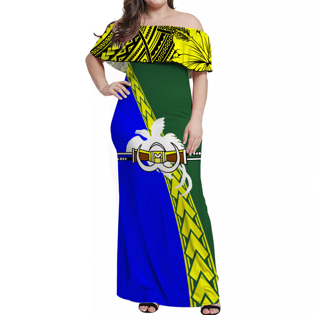 PNG Hibiscus Tribal Pattern Off Shoulder Long Dress - Morobe Province LT7 Long Dress Yellow - Polynesian Pride