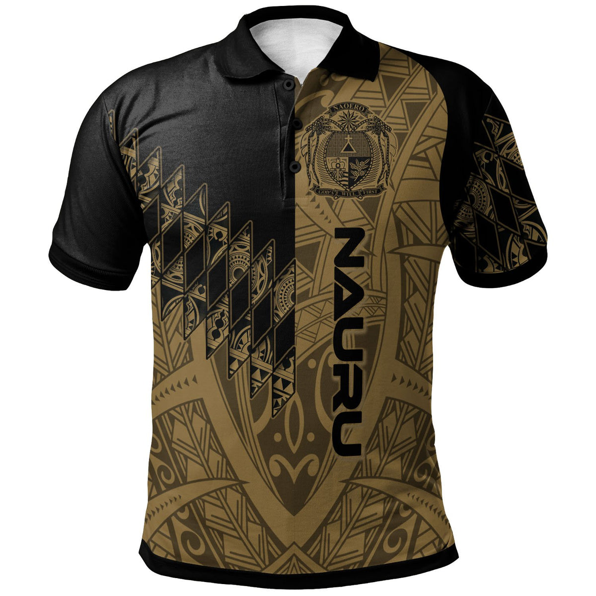 Nauru Polo Shirt Gold Color Symmetry Style Unisex Black - Polynesian Pride