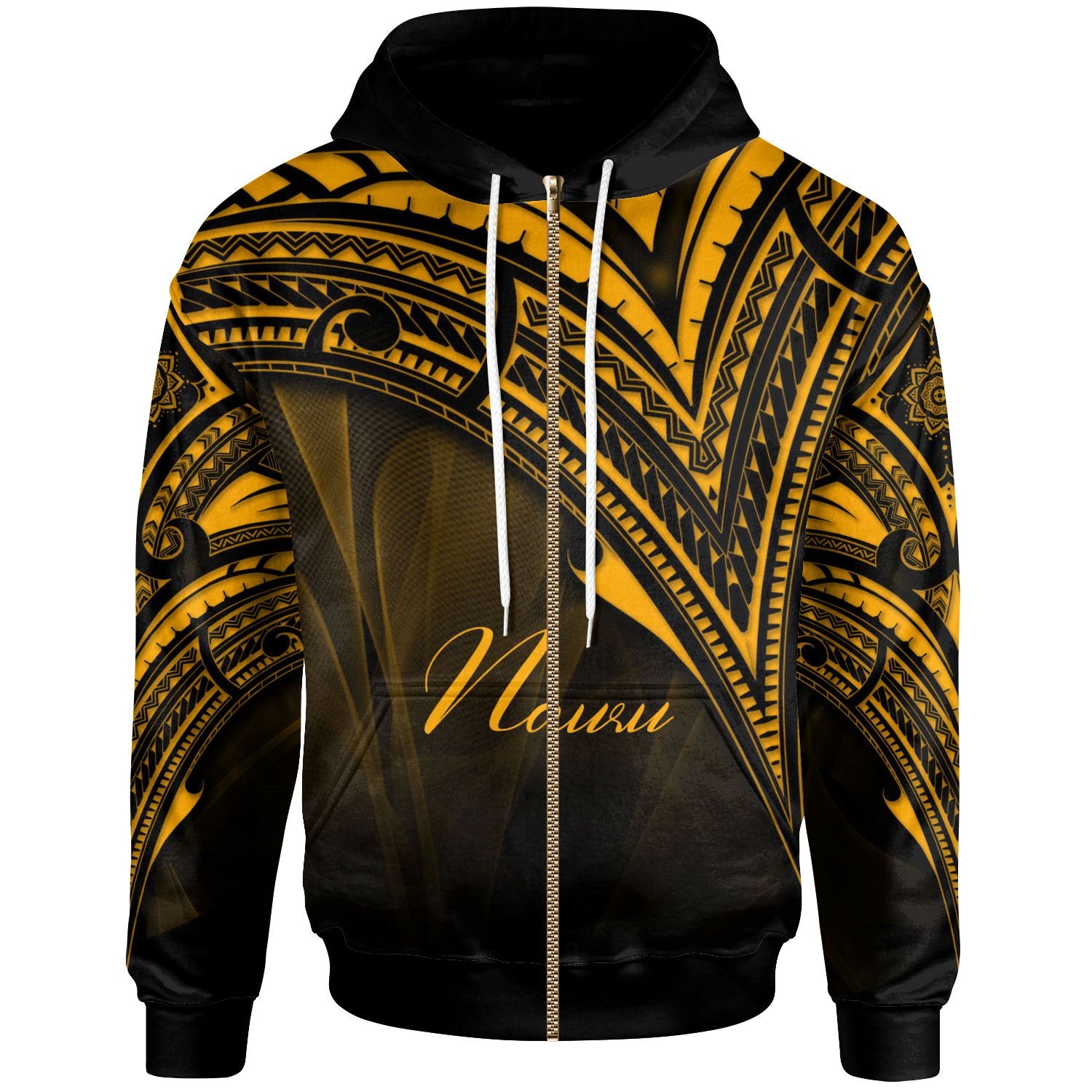 Nauru Zip Hoodie Gold Color Cross Style Unisex Black - Polynesian Pride