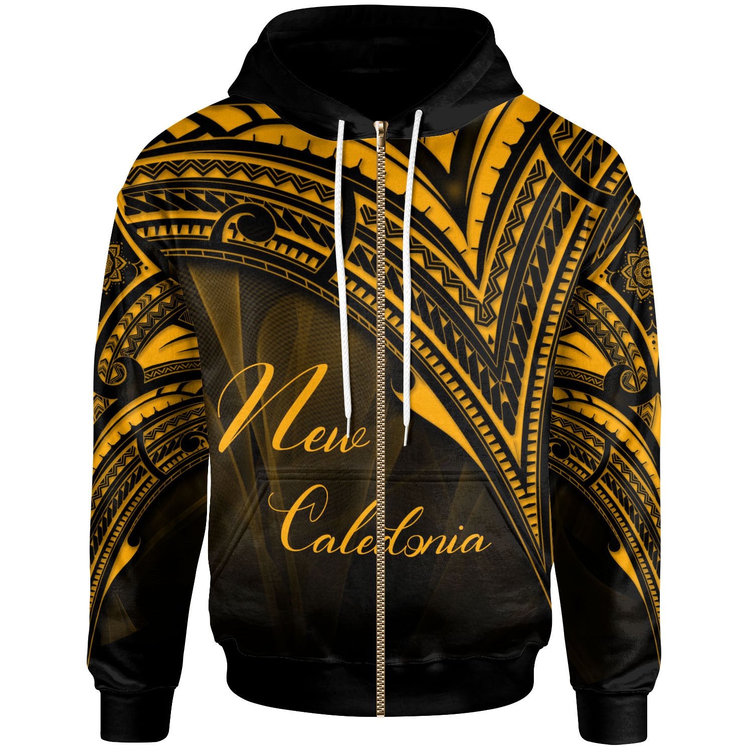 New Caledonia Zip Hoodie Gold Color Cross Style Unisex Black - Polynesian Pride