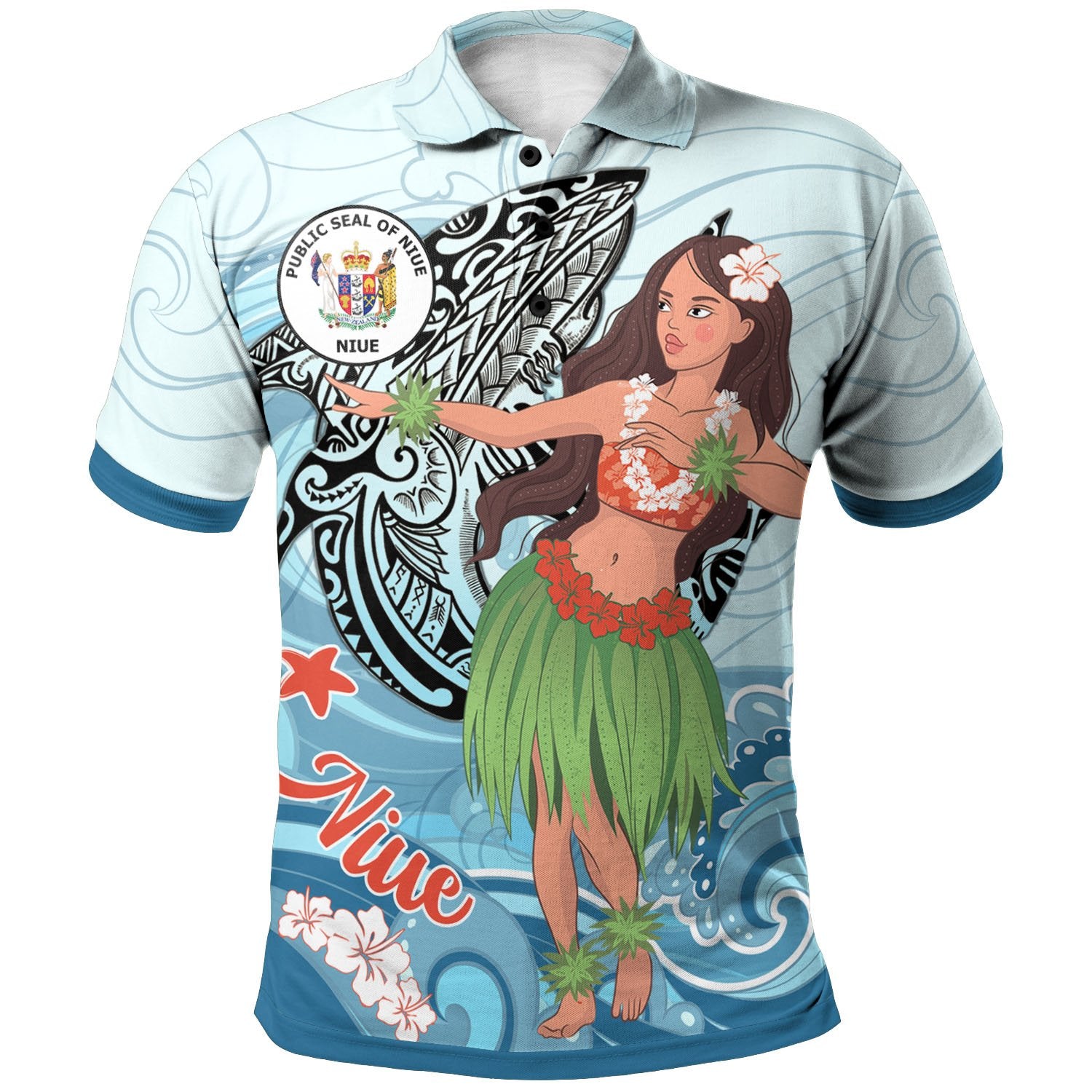 Niue Polo Shirt Polynesian Girls With Shark Unisex Blue - Polynesian Pride