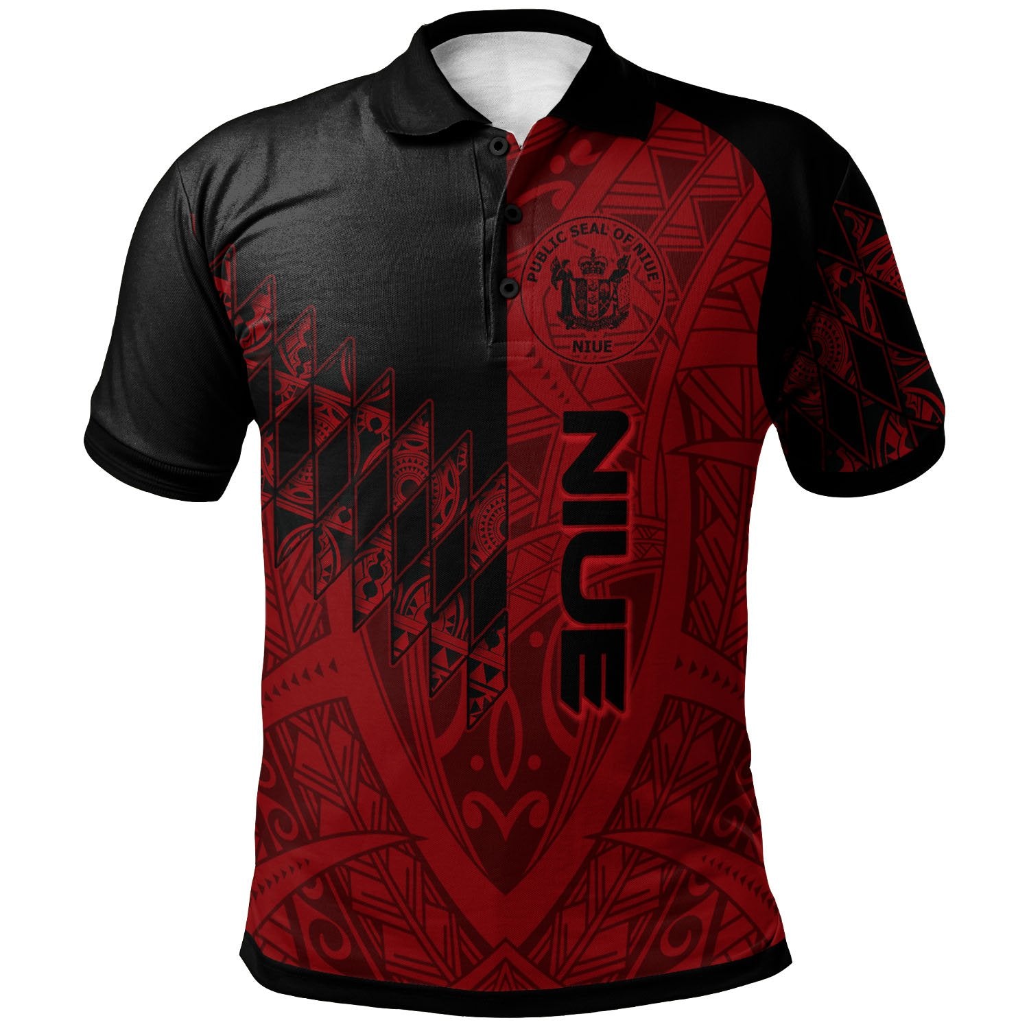 Niue Polo Shirt Red Color Symmetry Style Unisex Black - Polynesian Pride
