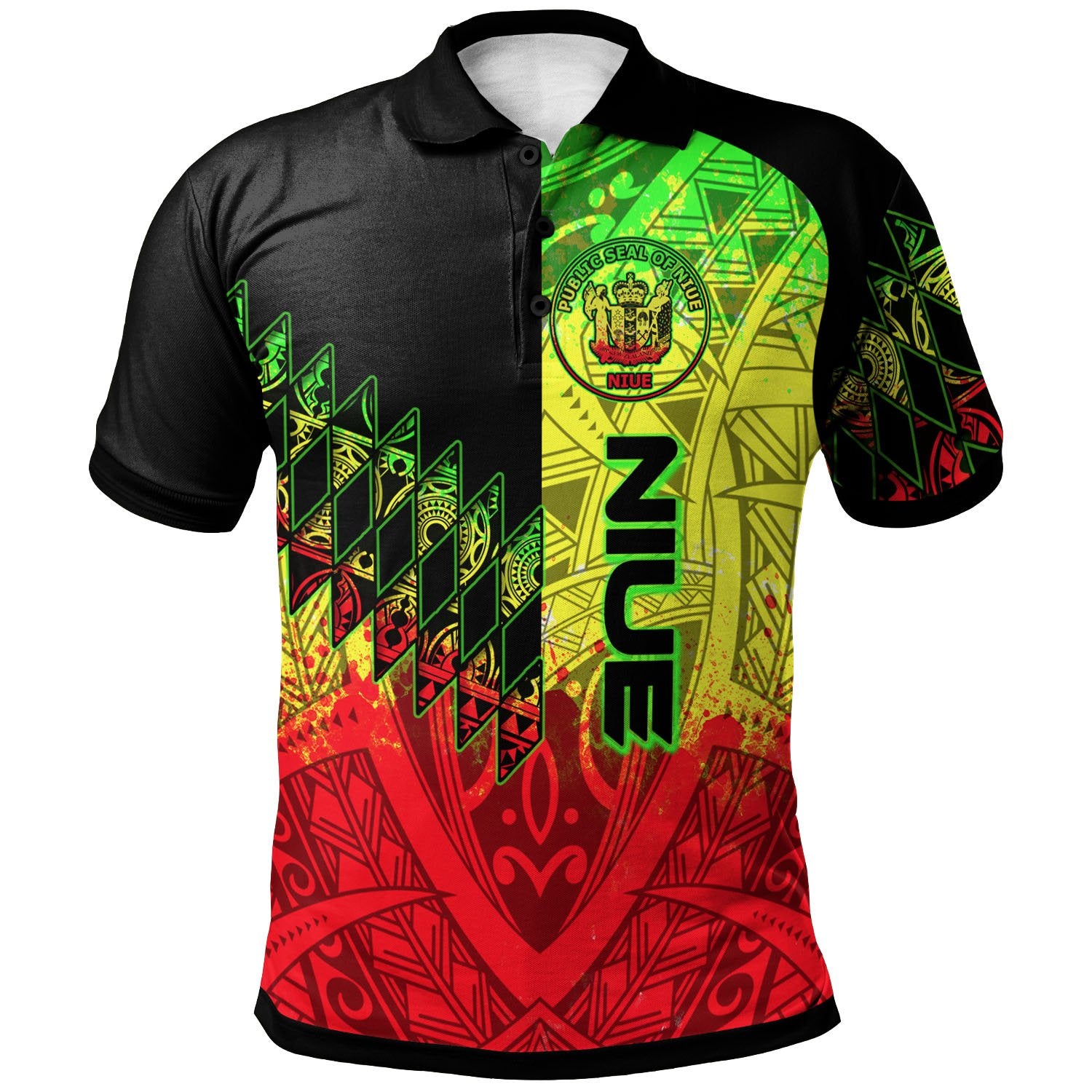 Niue Polo Shirt Reggage Color Symmetry Style Unisex Black - Polynesian Pride