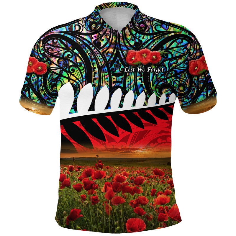 New Zealand Maori ANZAC Polo Shirt Poppy Vibes Paua Shell LT8 Green - Polynesian Pride