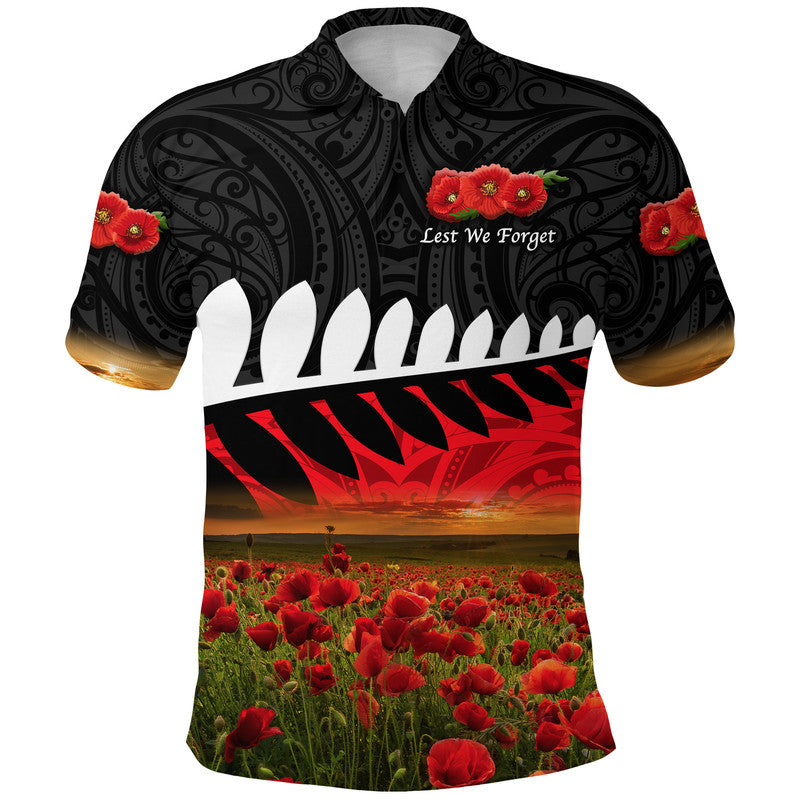 New Zealand Maori ANZAC Polo Shirt Poppy Vibes Black LT8 Black - Polynesian Pride