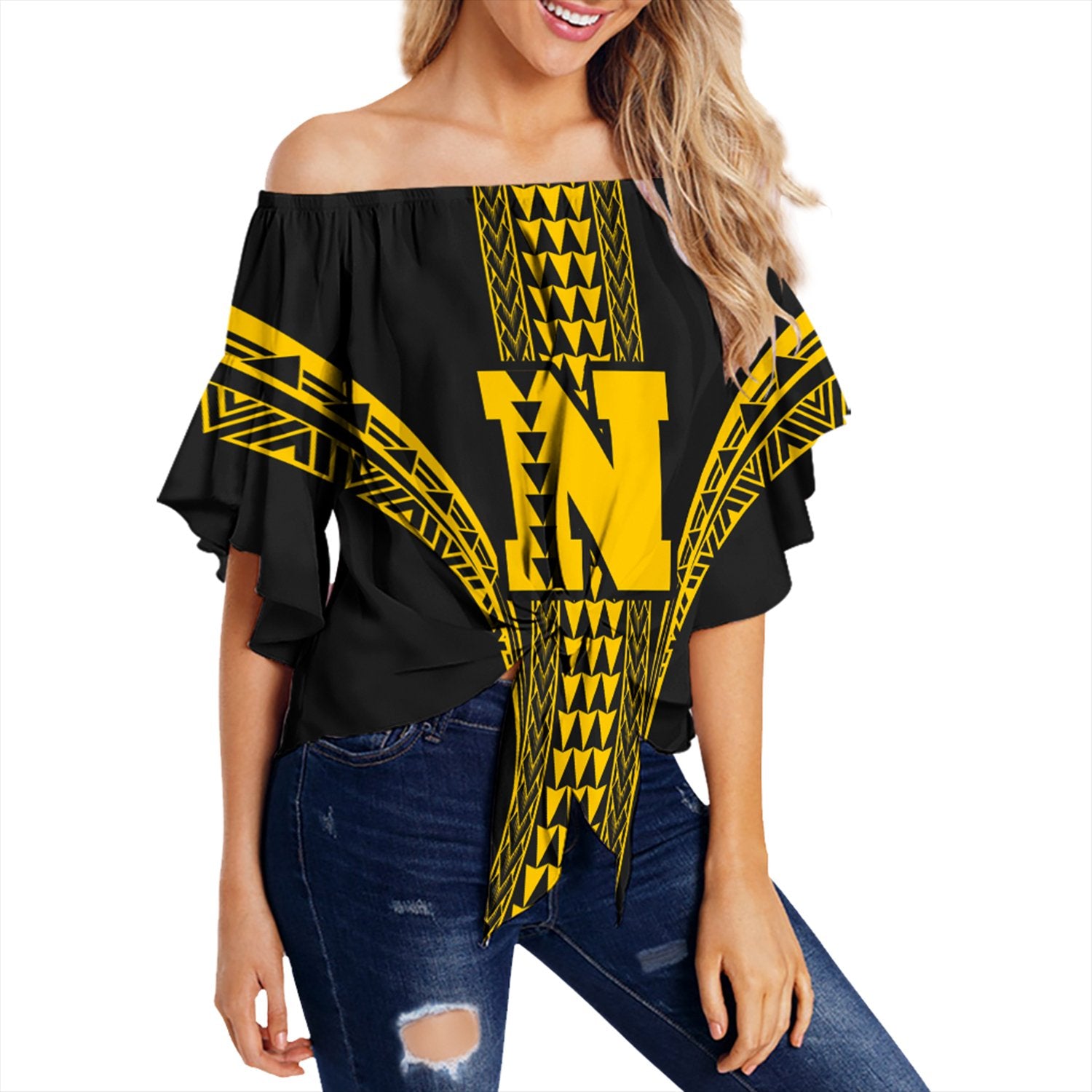 Hawaii - Nanakuli High Off Shoulder Waist Wrap Top AH Female Black - Polynesian Pride