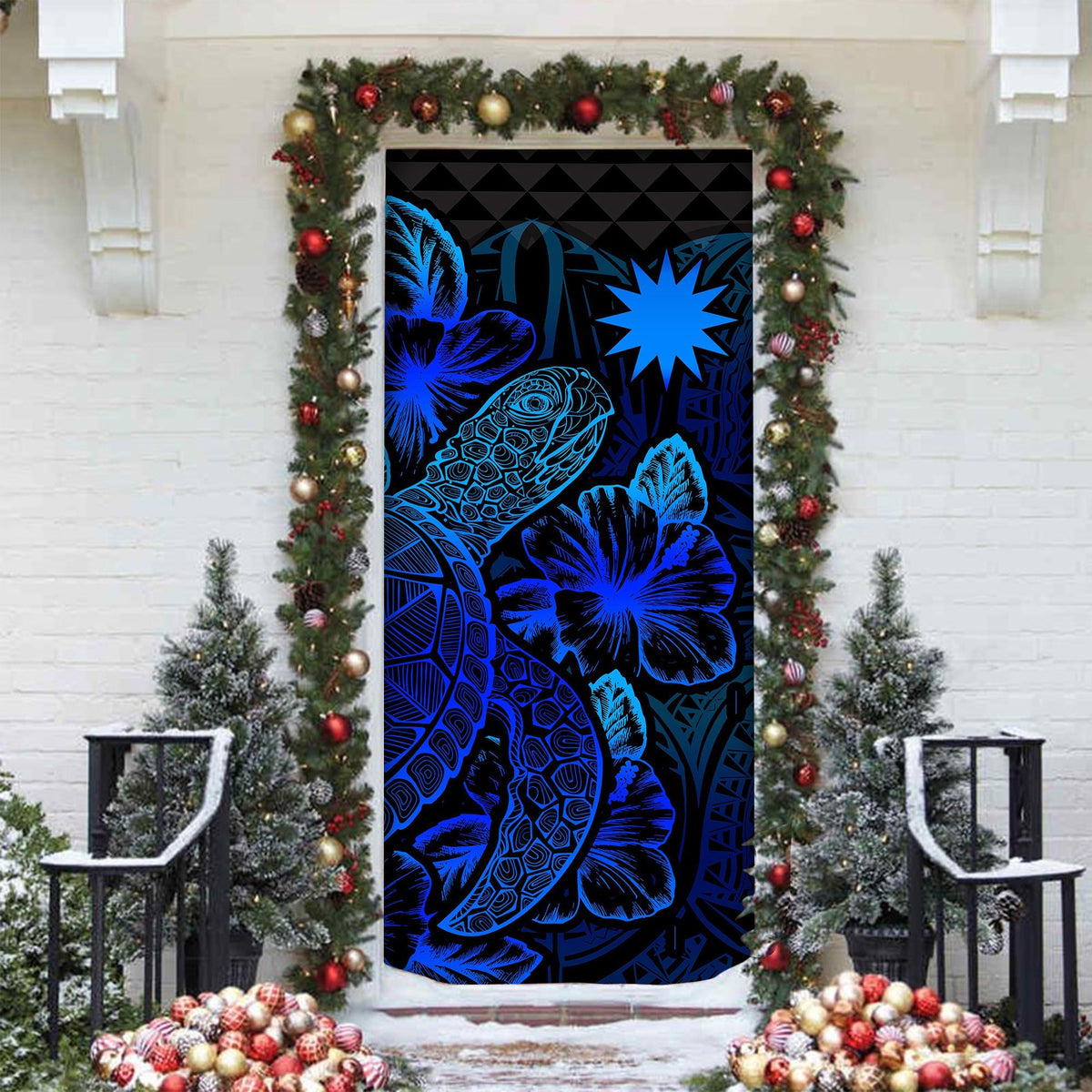 Nauru Door Cover Turtle Hibiscus Blue - Polynesian Pride
