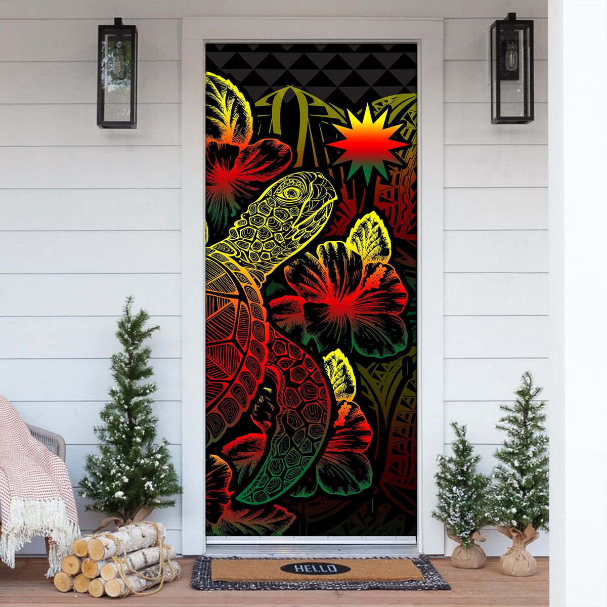 Nauru Door Cover Turtle Hibiscus Reggae - Polynesian Pride