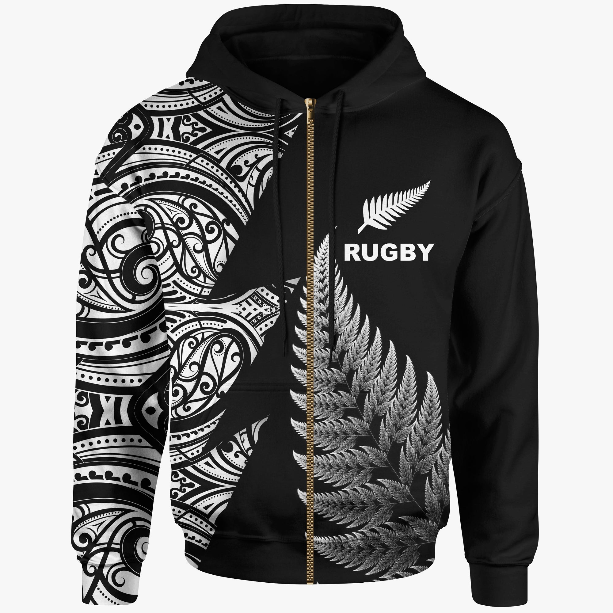 New Zealand Rugby Zip Hoodie Aotearoa Maori Style Unisex Black - Polynesian Pride