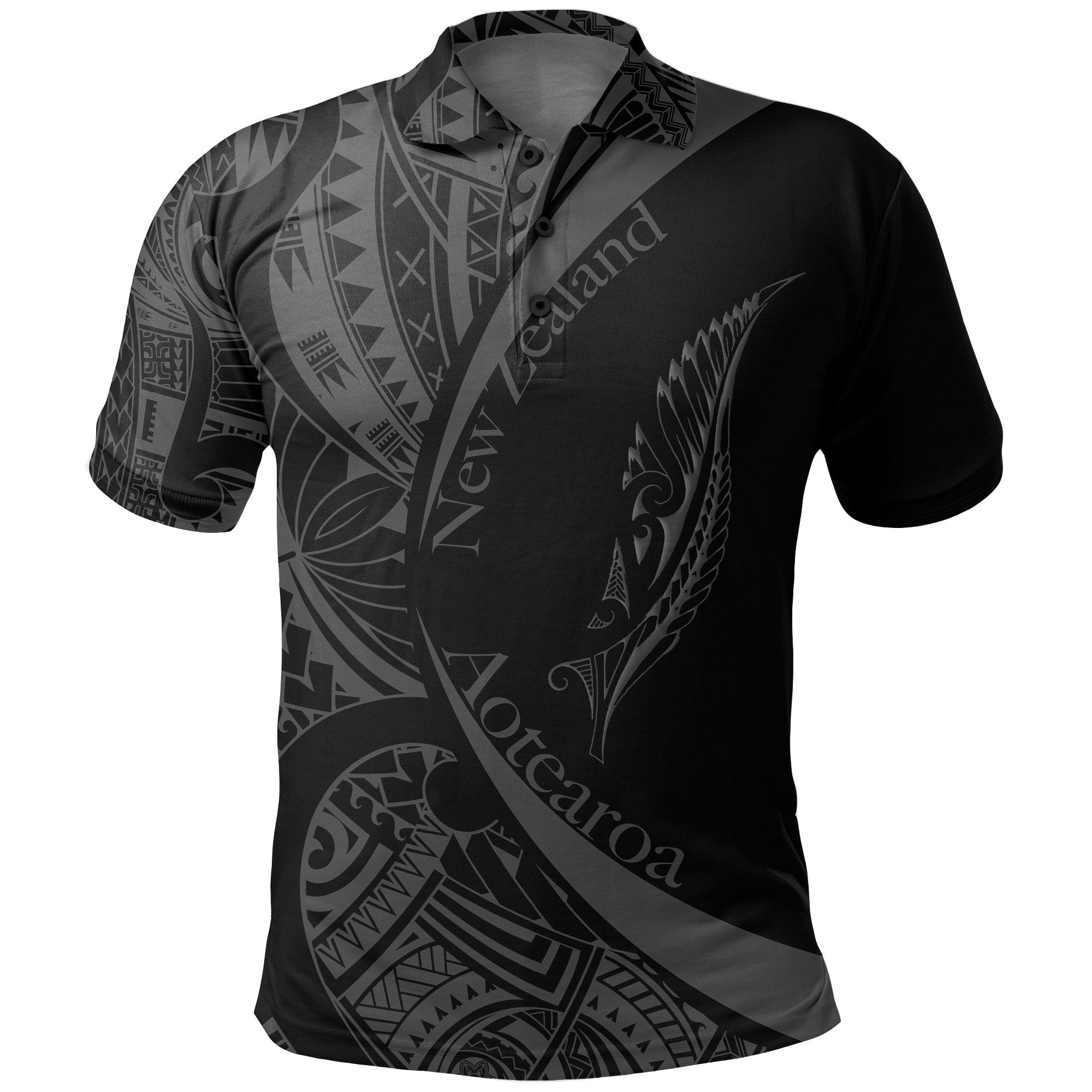 New Zealand Silver Fern Polo Shirt Maori Tattoo Circle Style Unisex Black - Polynesian Pride