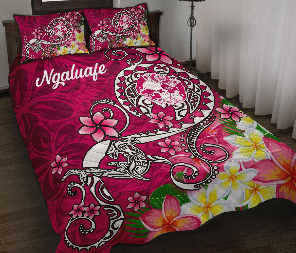 (Ngaluafe) Tonga Quilt Bed Set - Turtle Plumeria (Pink) LT8 - Polynesian Pride