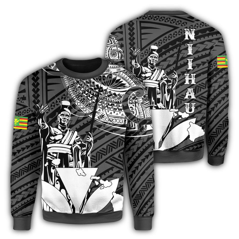 Hawaiian King Kanaka Map Polynesian Niihau Sweatshirt - White - Hala Style - AH Unisex White - Polynesian Pride