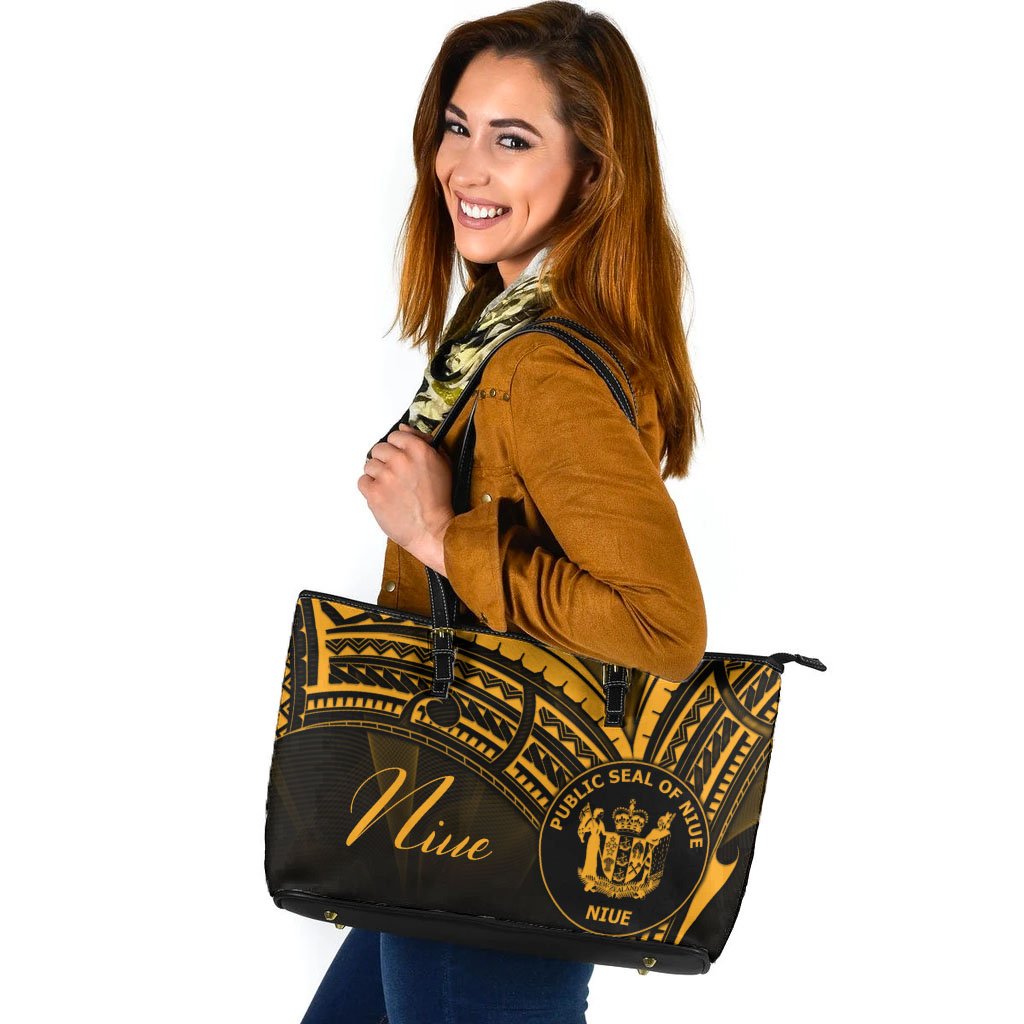Niue Leather Tote - Gold Color Cross Style Black - Polynesian Pride