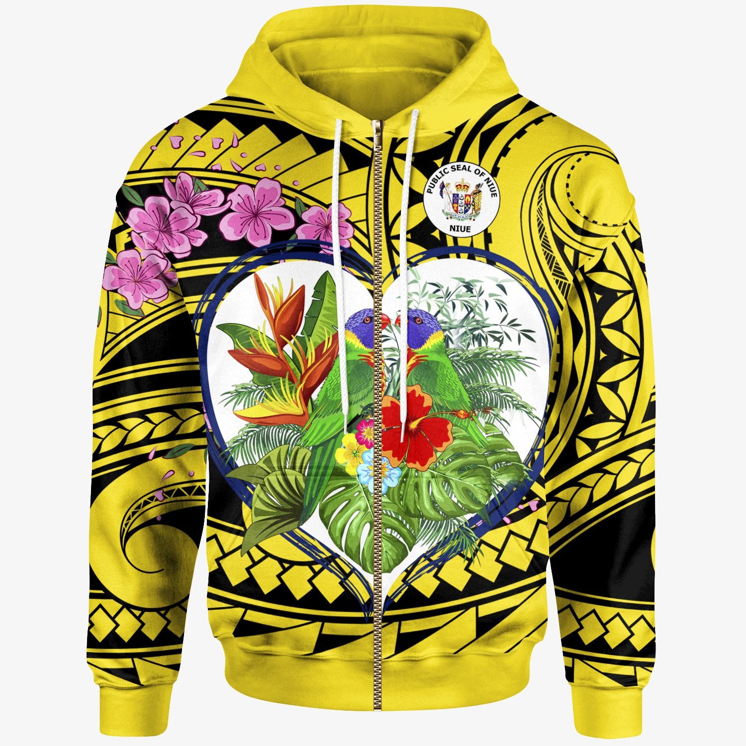 Niue Zip up Hoodie The Love of Blue Crowned Lory Unisex Yellow - Polynesian Pride