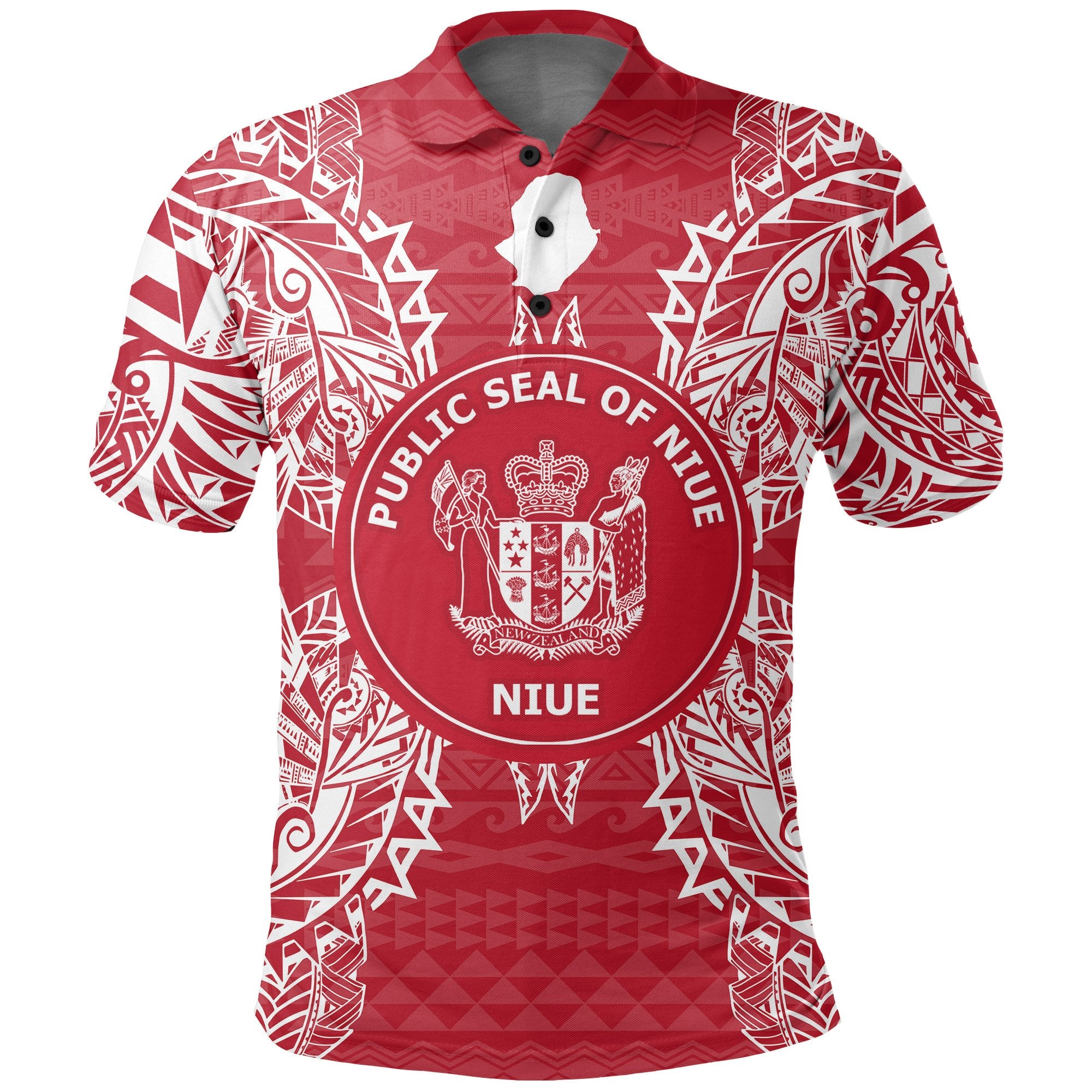 Niue Polo Shirt Seal Map Polynesian Tattoo Red White Unisex Red - Polynesian Pride